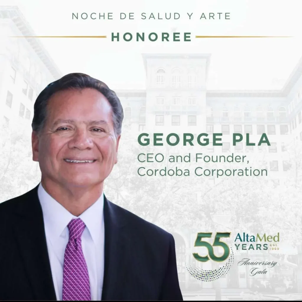 Cordoba Corporation CEO George Pla, honored at the Noche de Salud y Arte gala, celebrates 55 years of AltaMed's dedication to community health and wellness. The event, marking a milestone in AltaMed's history, features Cordoba as its Honoree, highlighting their commitment to social responsibility and community development.
