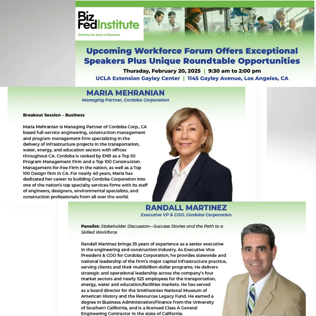 Flyer for a workforce forum with photos of Maria Mehranian and Randall Martinez. Includes event details: February 20, 2025, at UCLA. Discussion topics and profiles of both speakers are listed.
