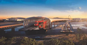 A futuristic cityscape with sleek skyscrapers and a vibrant city street in the background, featuring a prominent display of a large screen or billboard on the side of a building. The overall atmosphere is one of modernity and innovation, with a sense of energy and activity emanating from the bustling city.