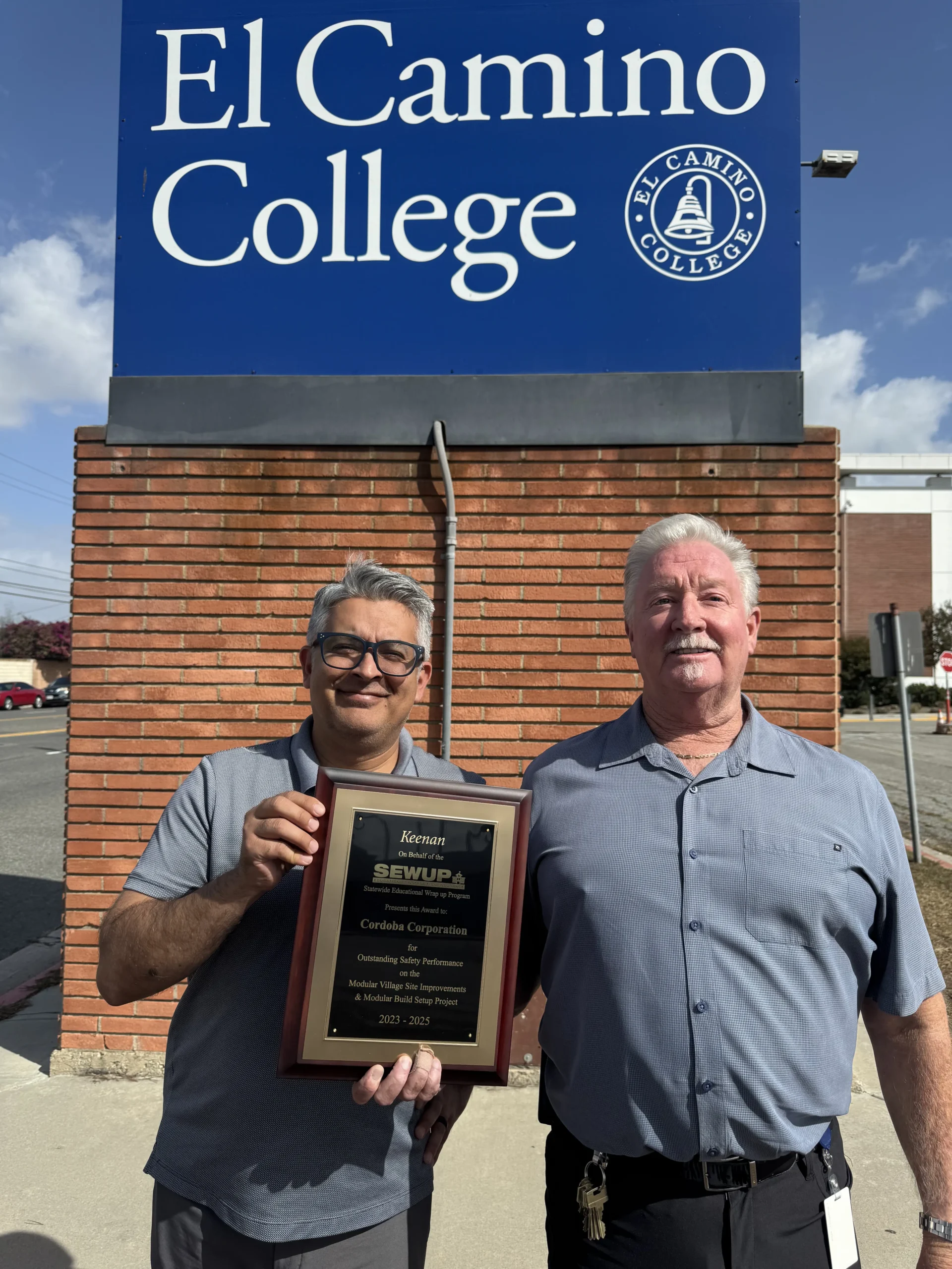 Award ceremony at El Camino College: Cordoba Corporation recognized for outstanding safety performance in 2023-2025.